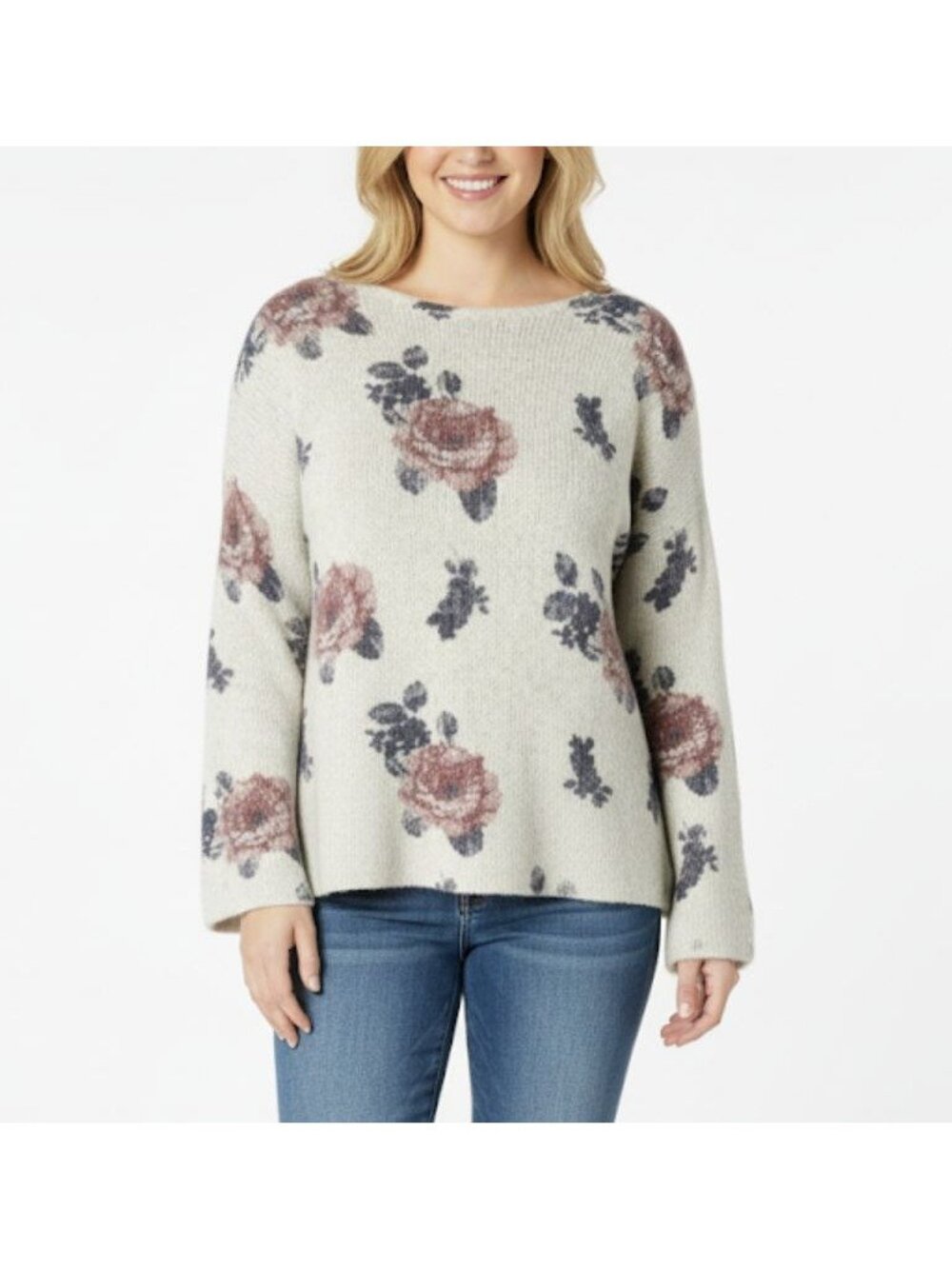 ❤️LUCKY BRAND XL Women's Rose Floral Pullover Sweater Scoop Neck Beige Knit New